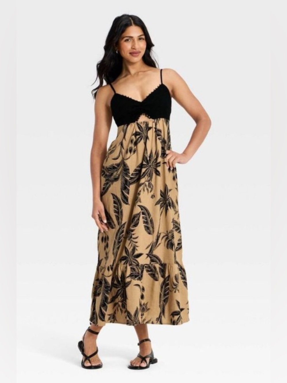 A new day Black & Tan Floral Beaded Maxi Dress with Spaghetti Straps